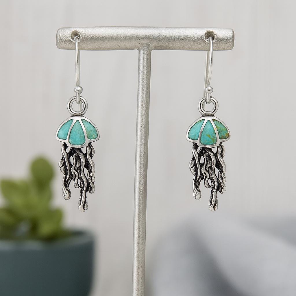 Turquoise Resin Sterling Silver Jellyfish Hook Earrings: Ocean/Coastal Jewellery Gift for Her