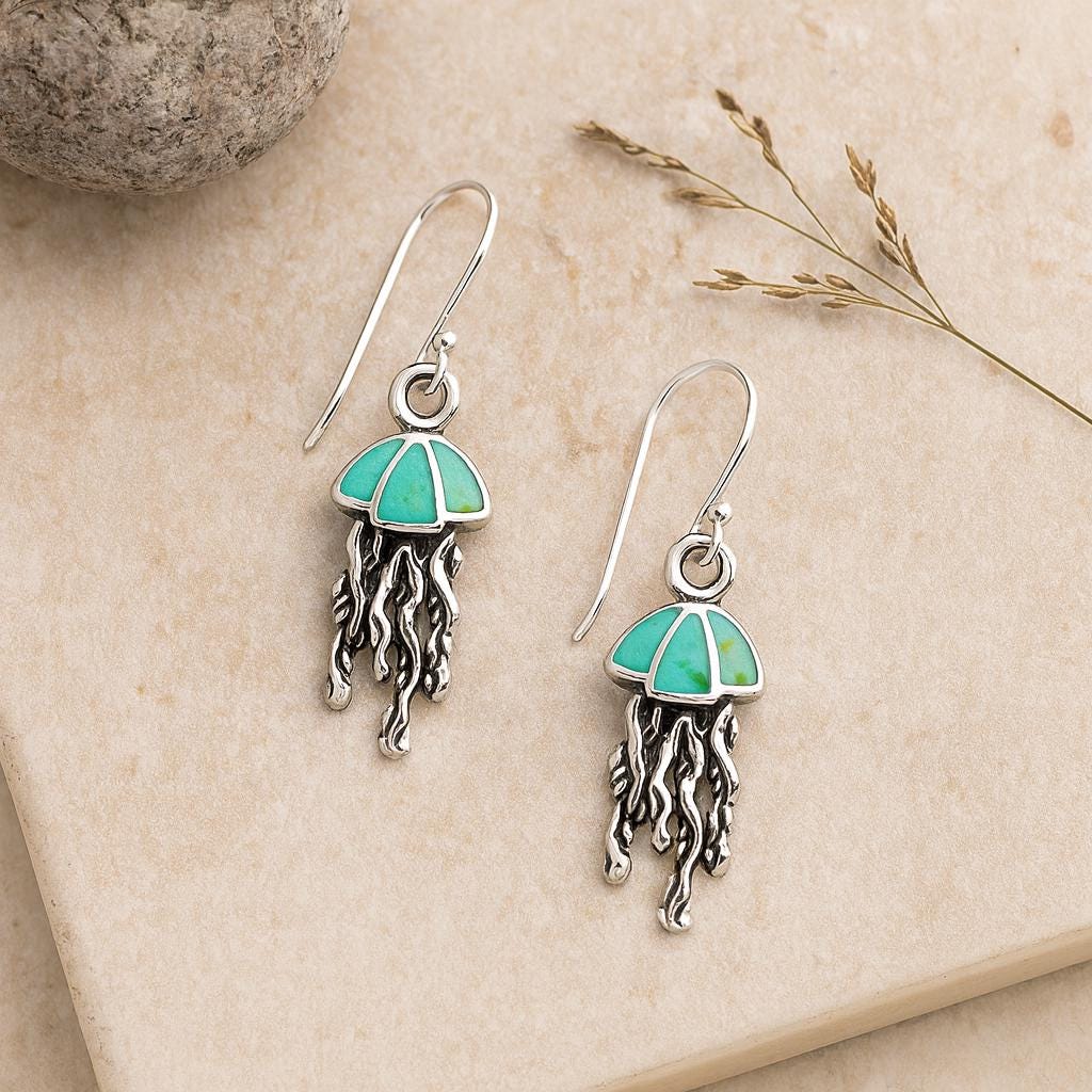 Turquoise Resin Sterling Silver Jellyfish Hook Earrings: Ocean/Coastal Jewellery Gift for Her