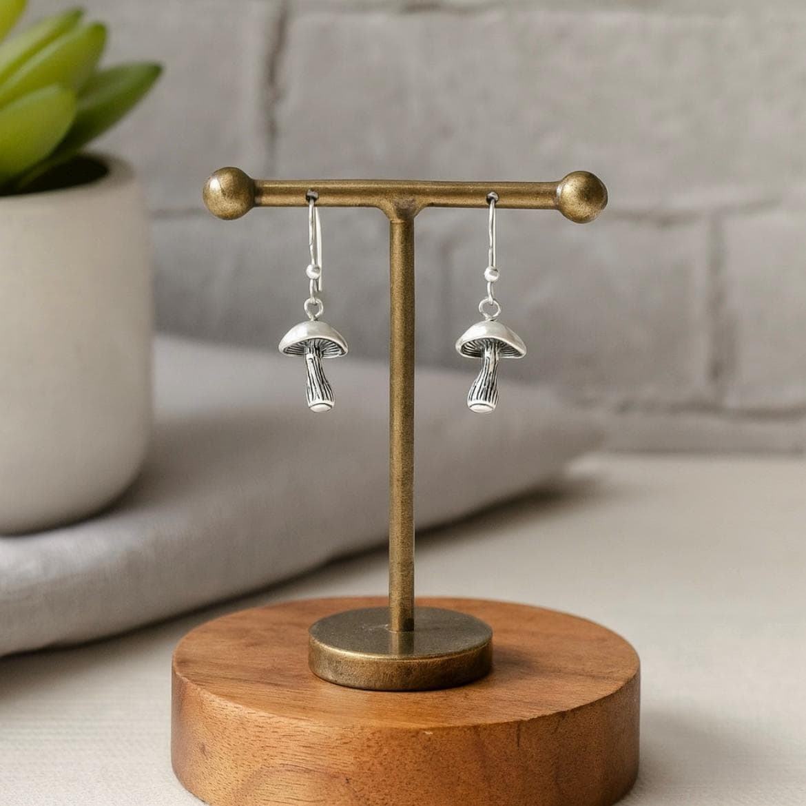 Sterling Silver Woodland Mushroom Drop Earrings : Fairy Core Boho Jewellery