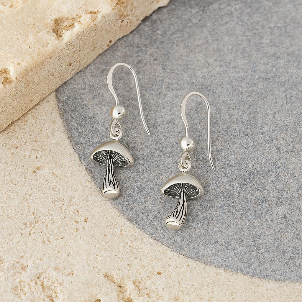 Sterling Silver Woodland Mushroom Drop Earrings : Fairy Core Boho Jewellery