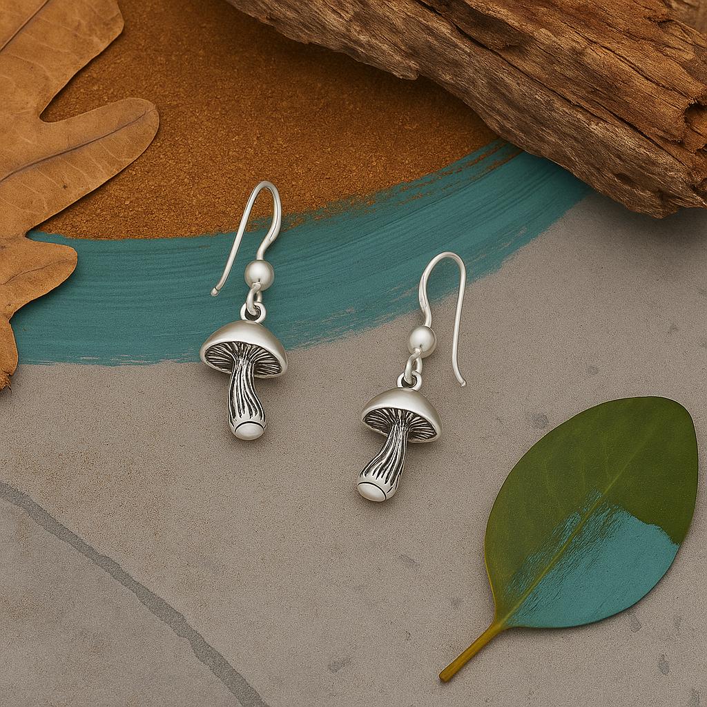 Sterling Silver Woodland Mushroom Drop Earrings : Fairy Core Boho Jewellery