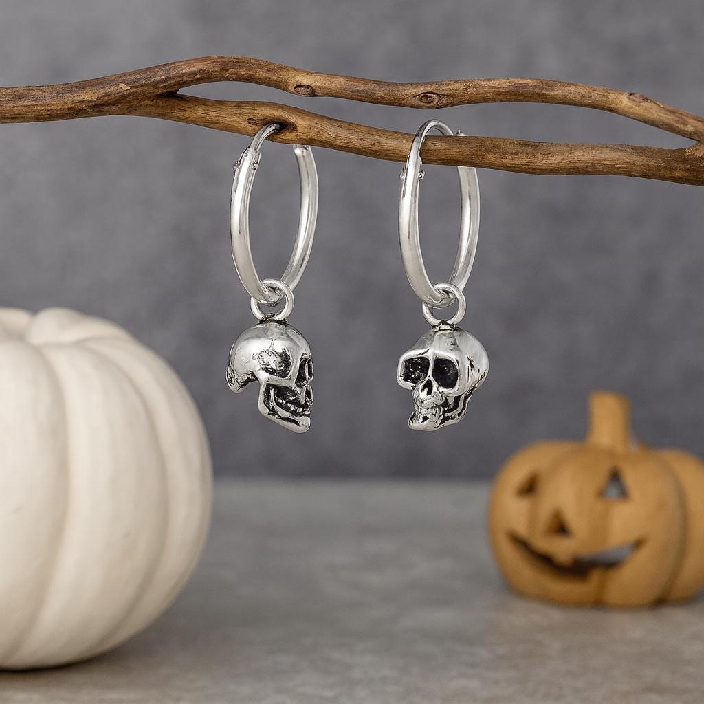 Sterling Silver Skull Hoop Earrings : Halloween/Gothic Jewellery