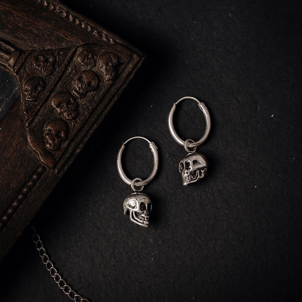 Sterling Silver Skull Hoop Earrings : Halloween/Gothic Jewellery