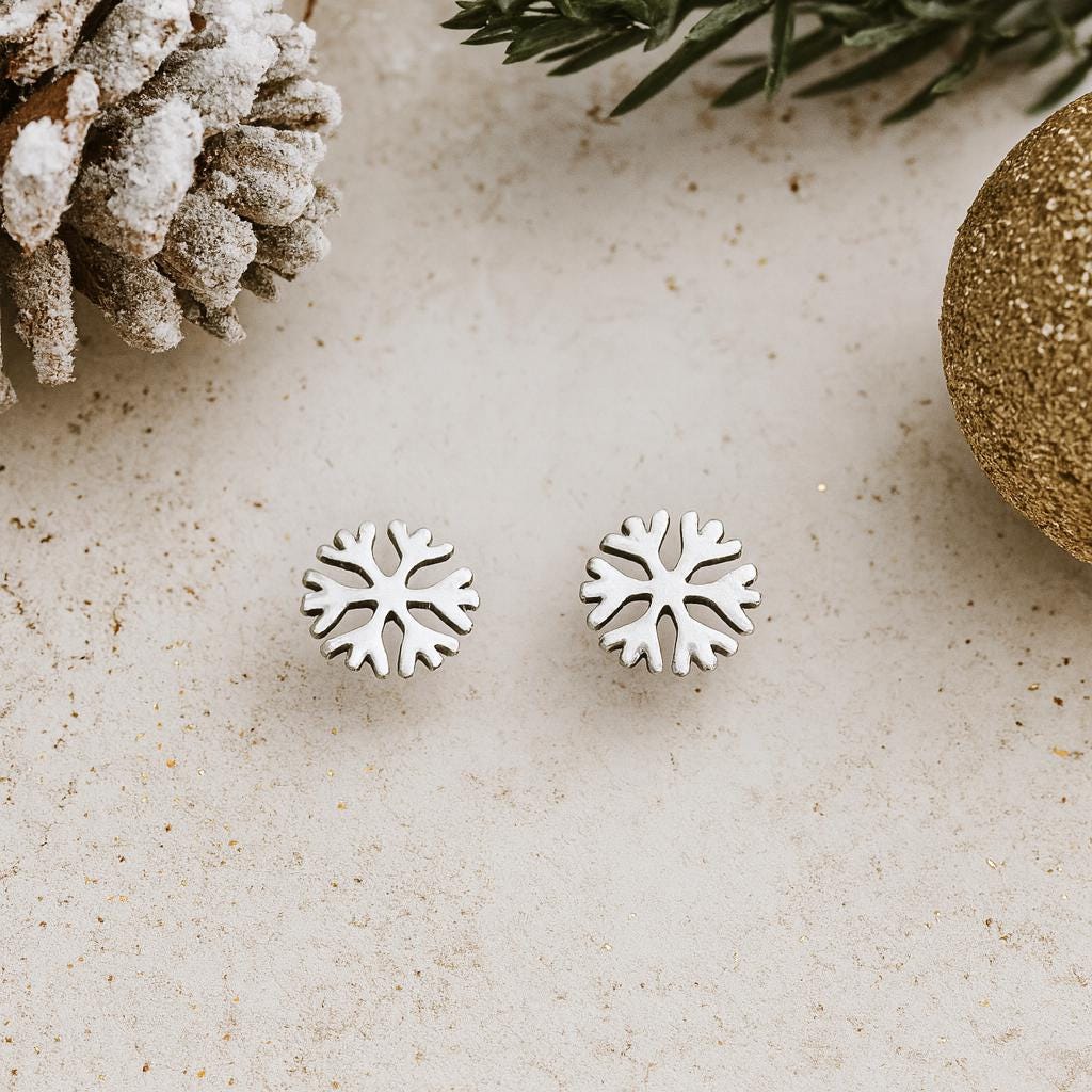 Sterling Silver Snowflake Stud Earrings : Christmas/Winter Jewellery Gift