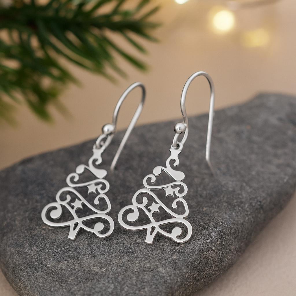 Sterling Silver Christmas Tree Earrings Festive Holiday Jewellery Gift for Her : Seasonal Dainty Hook Earrings