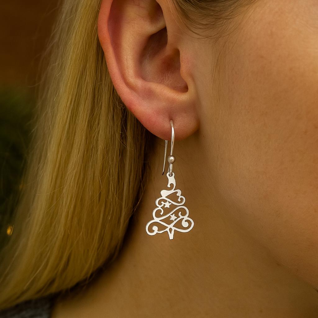 Sterling Silver Christmas Tree Earrings Festive Holiday Jewellery Gift for Her : Seasonal Dainty Hook Earrings