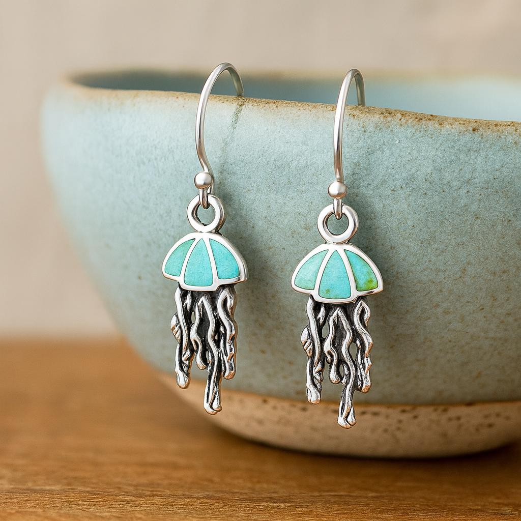 Turquoise Resin Sterling Silver Jellyfish Hook Earrings: Ocean/Coastal Jewellery Gift for Her