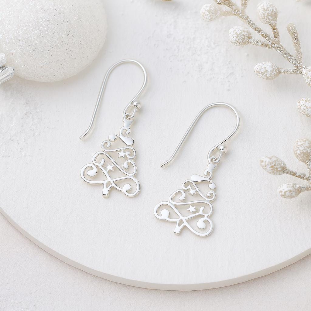 Sterling Silver Christmas Tree Earrings Festive Holiday Jewellery Gift for Her : Seasonal Dainty Hook Earrings