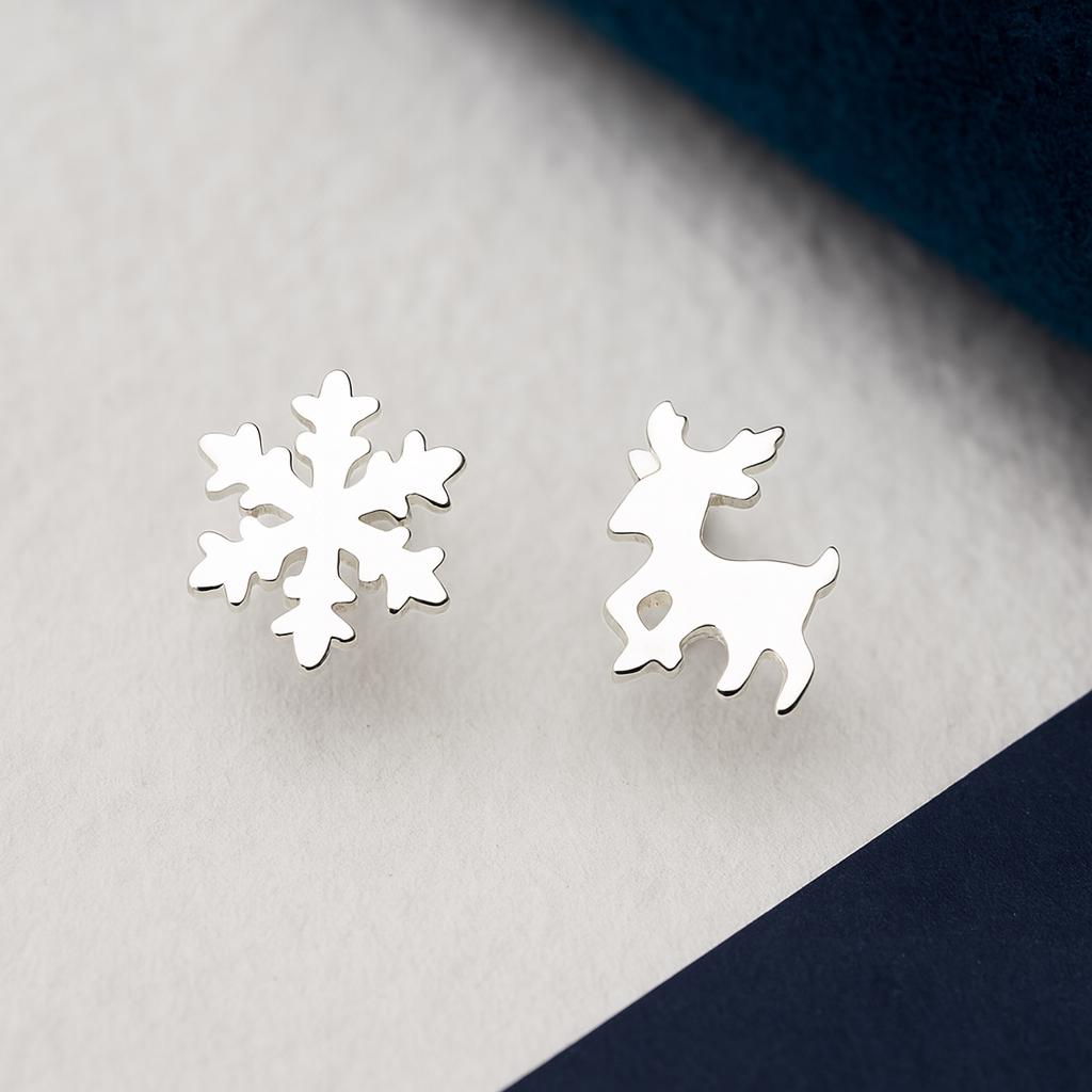 Sterling Silver Mismatched Snowflake And Reindeer Stud Earrings : Festive Holiday Jewellery