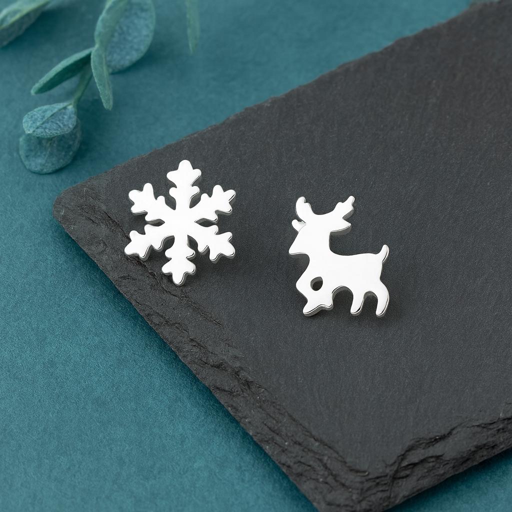 Sterling Silver Mismatched Snowflake And Reindeer Stud Earrings : Festive Holiday Jewellery