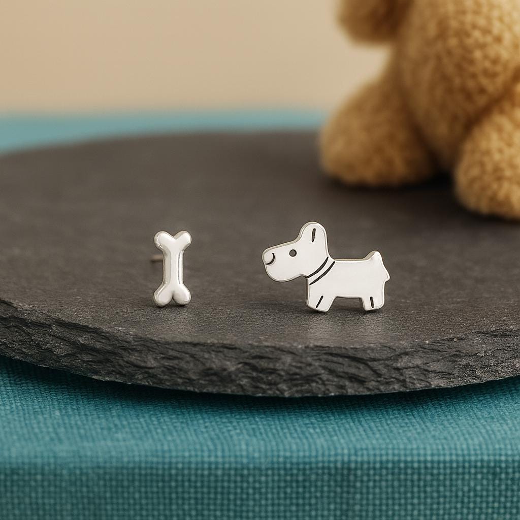 Sterling Silver Mismatched Westie/Scottie and Bone Stud Earrings : Dog Lover Gift