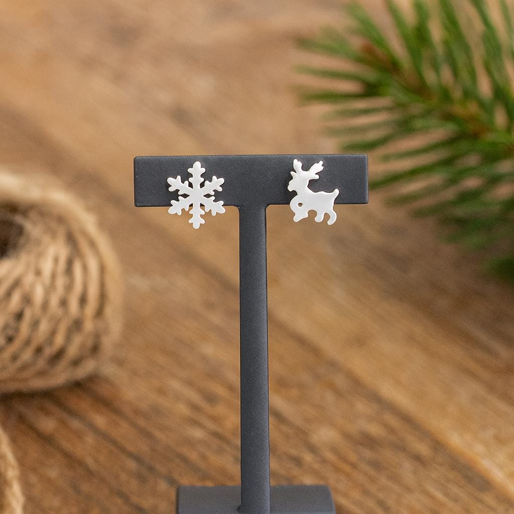 Sterling Silver Mismatched Snowflake And Reindeer Stud Earrings : Festive Holiday Jewellery